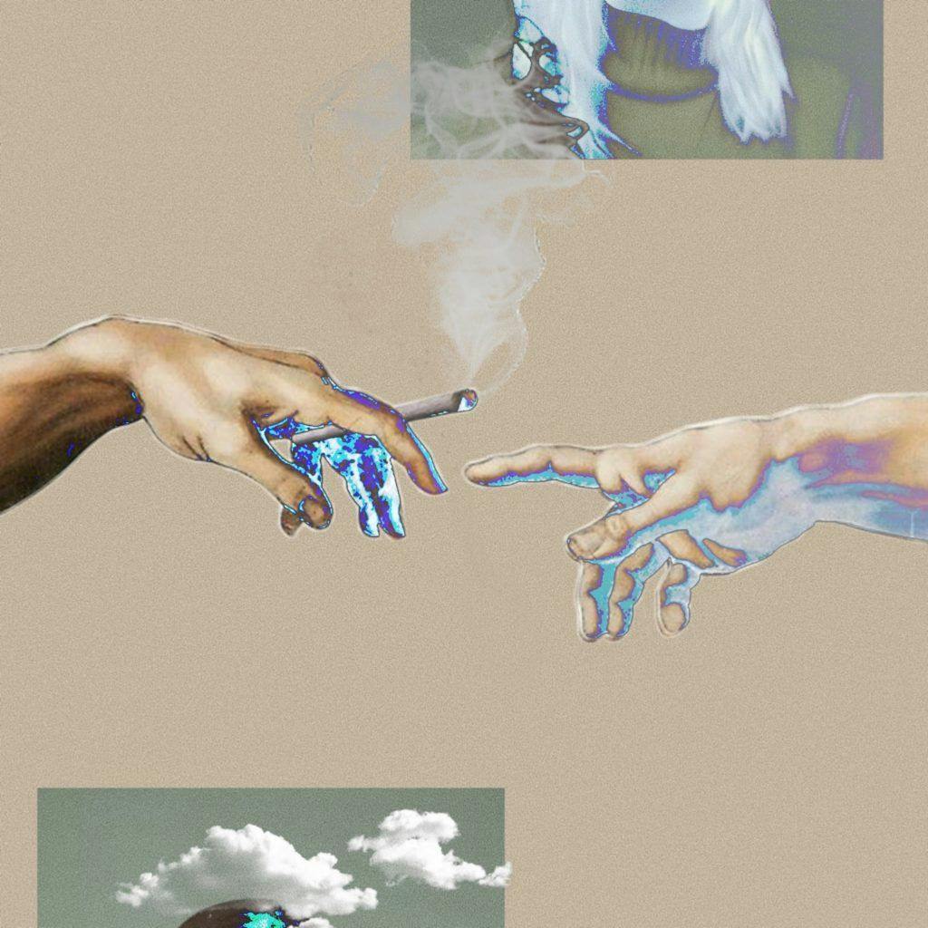 Two fingers reaching out to each other. One of the hands has a cigarette in it