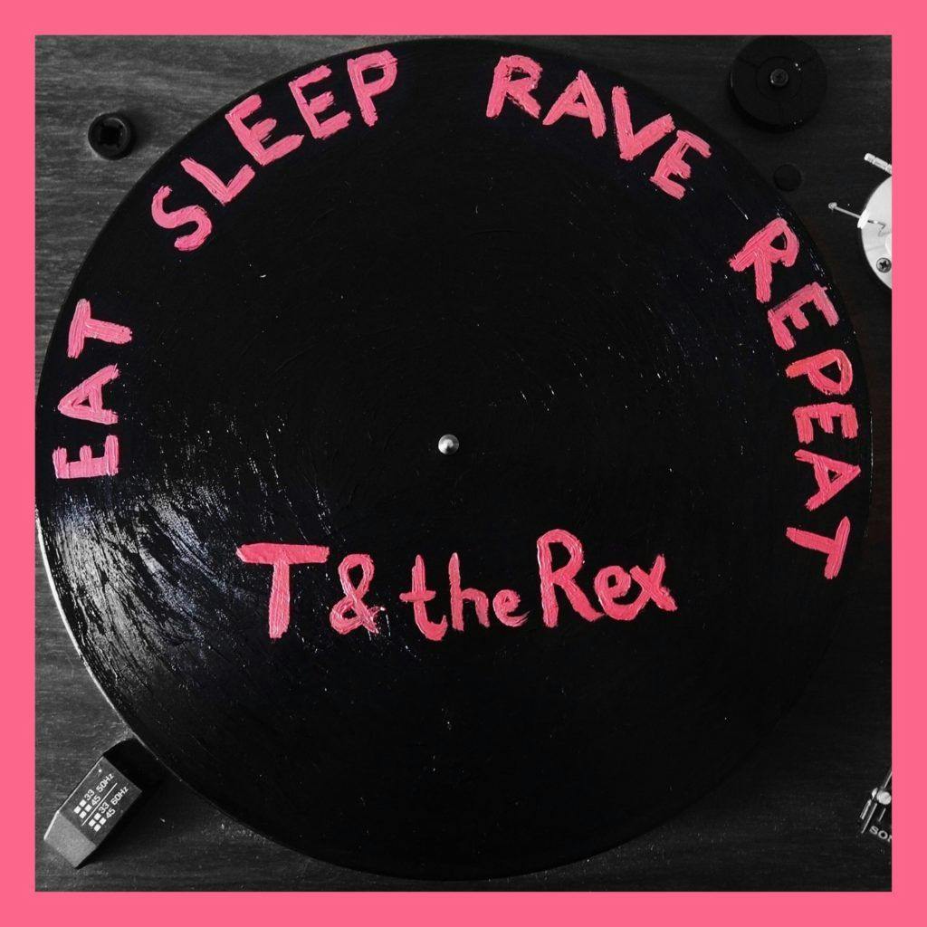 Vinyl with the text "Eat Sleep Rave Repeat T& the Rex" in pink and black