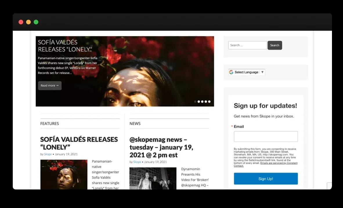 Screenshot of Skope Mag homepage with white and black background