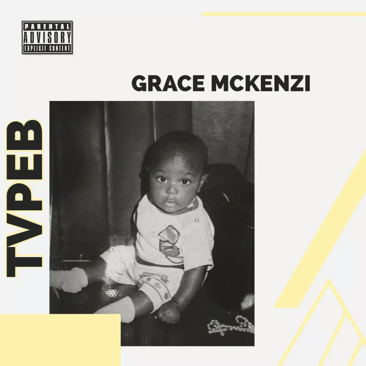A baby staring at the camera with text "TVPEB Grace Mckenzi"