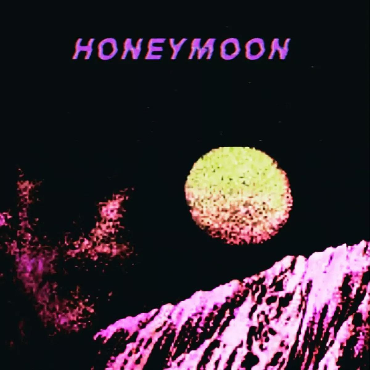Pixelated background of a moon and mountain with the text "Honeymoon"