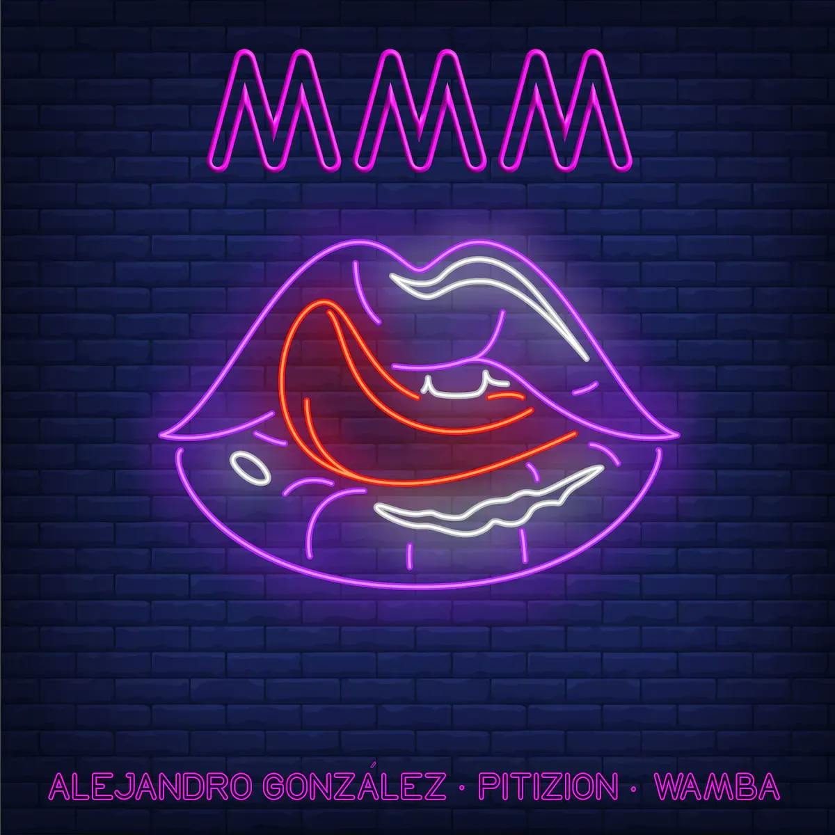 Neon light of lips with the tongue out and text that says, "MMM"