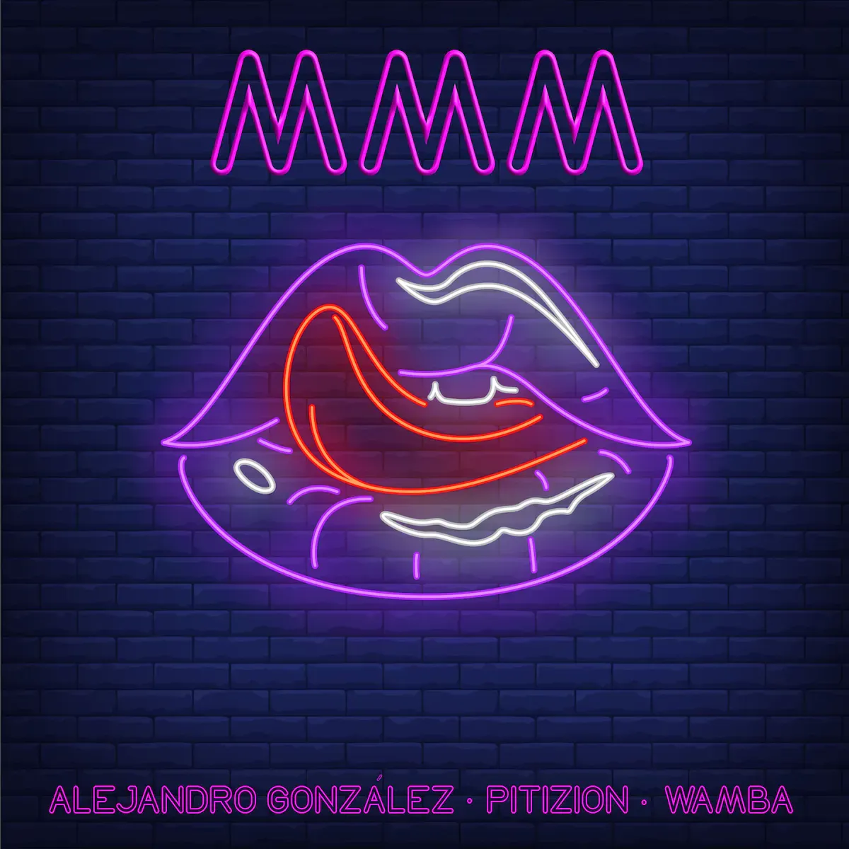 Neon light of lips with the tongue out and text that says, "MMM"