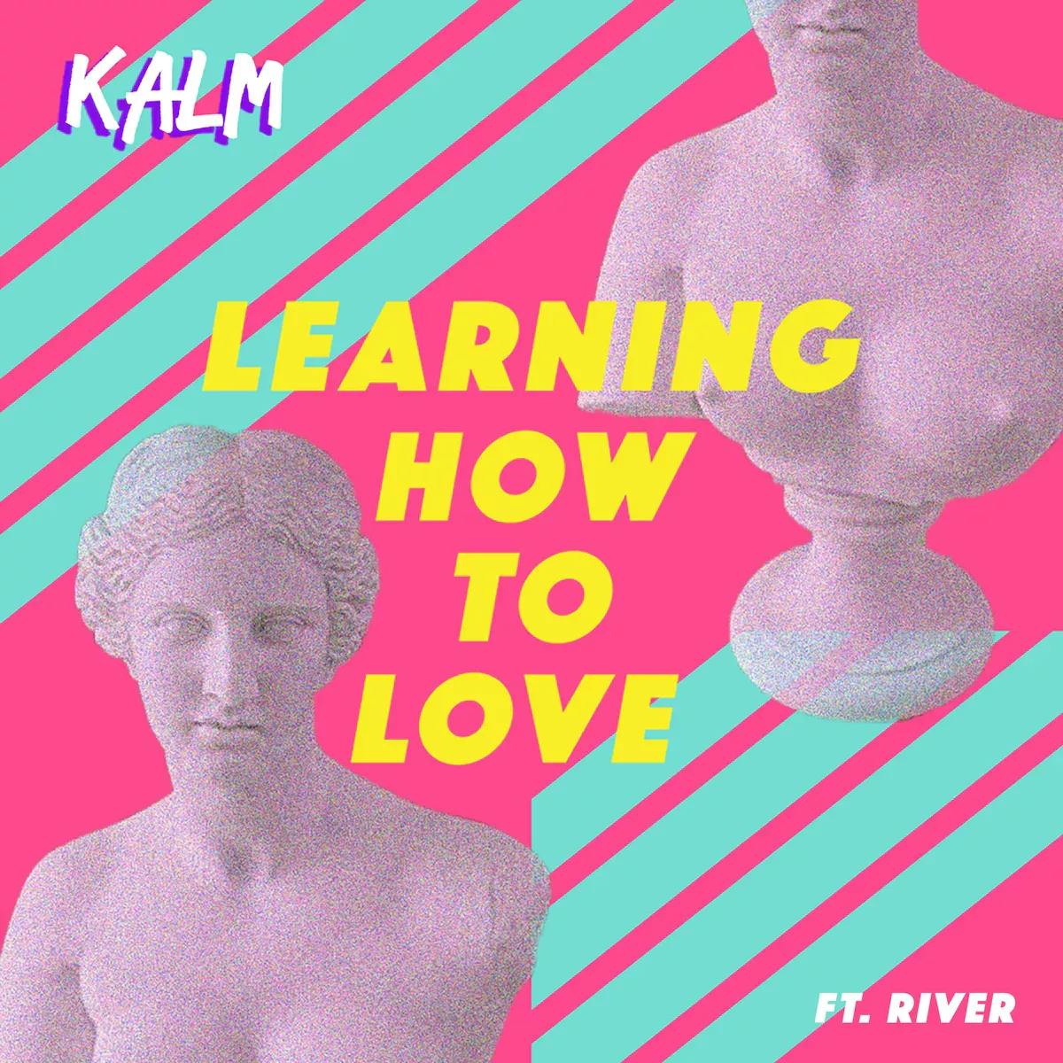 Pink, blue, and yellow background with two sculptures of women and text, "Learning How to Love"