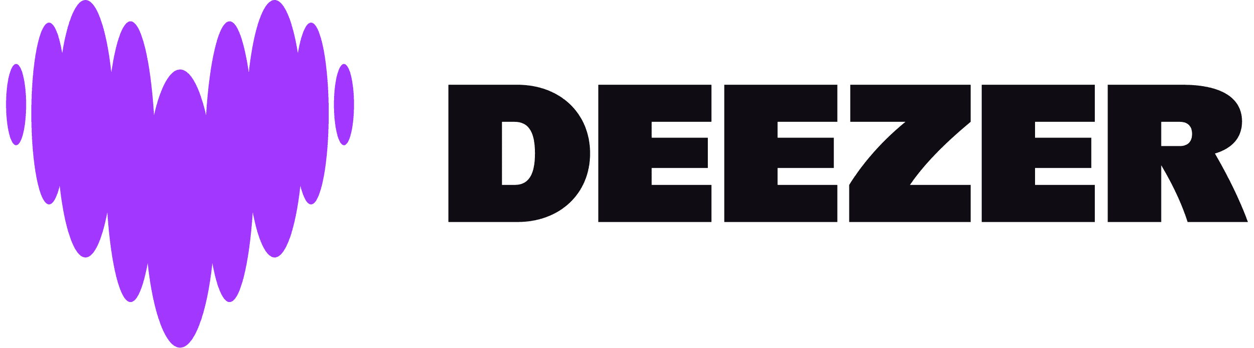 Purple heart-shaped soundwave logo next to the bold black text "DEEZER" on a transparent background.