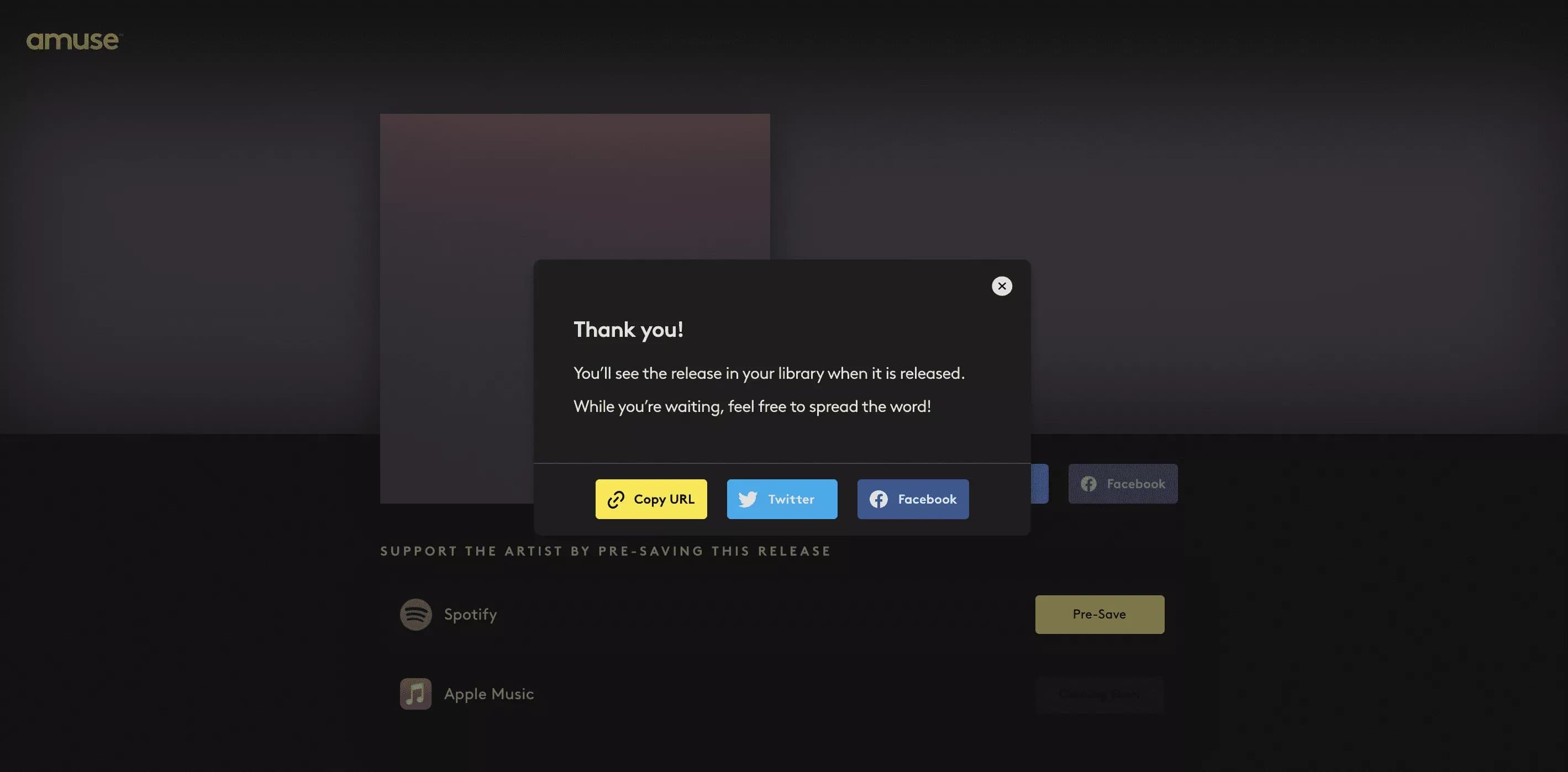 Amuse webpage with text "Thank you!" after pre-saving track