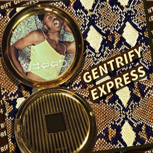 A makeup mirror opened to a man who has his mouth open, with text, "Gentrify Express"