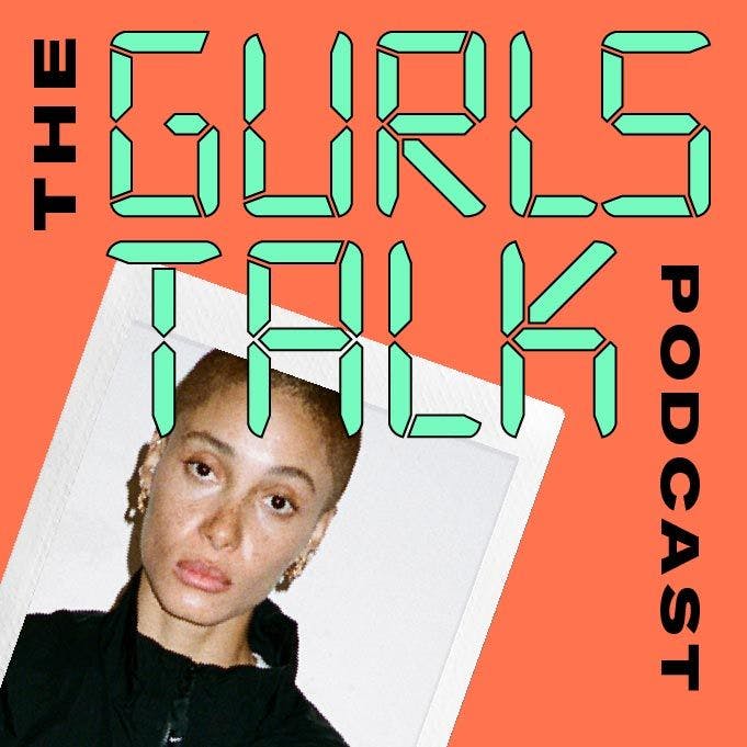 Orange background with text "The Gurls Talk Podcast" and an image of a woman on the left side