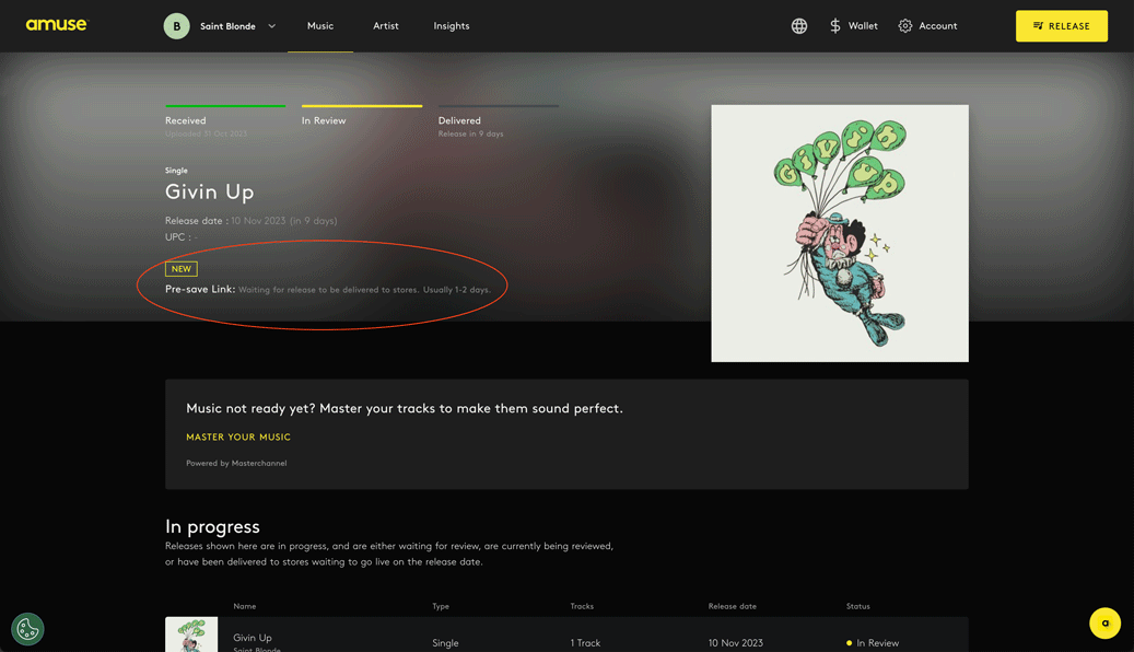 A red circle around "pre-save link" on Amuse webpage