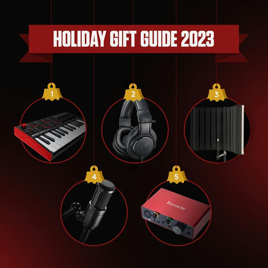 Different musical equipments in circles with text above "Holiday Gift Guide 2023"