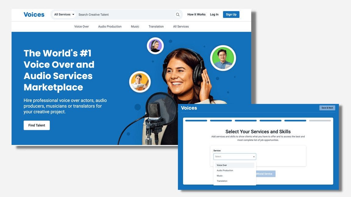 Screenshot of Voices homepage with white and blue background on web