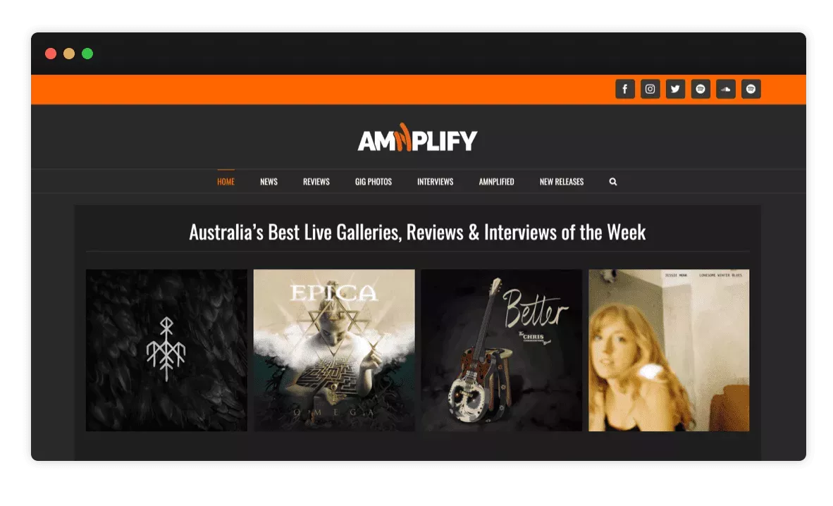 Screenshot of Amnplify homepage with orange and black background
