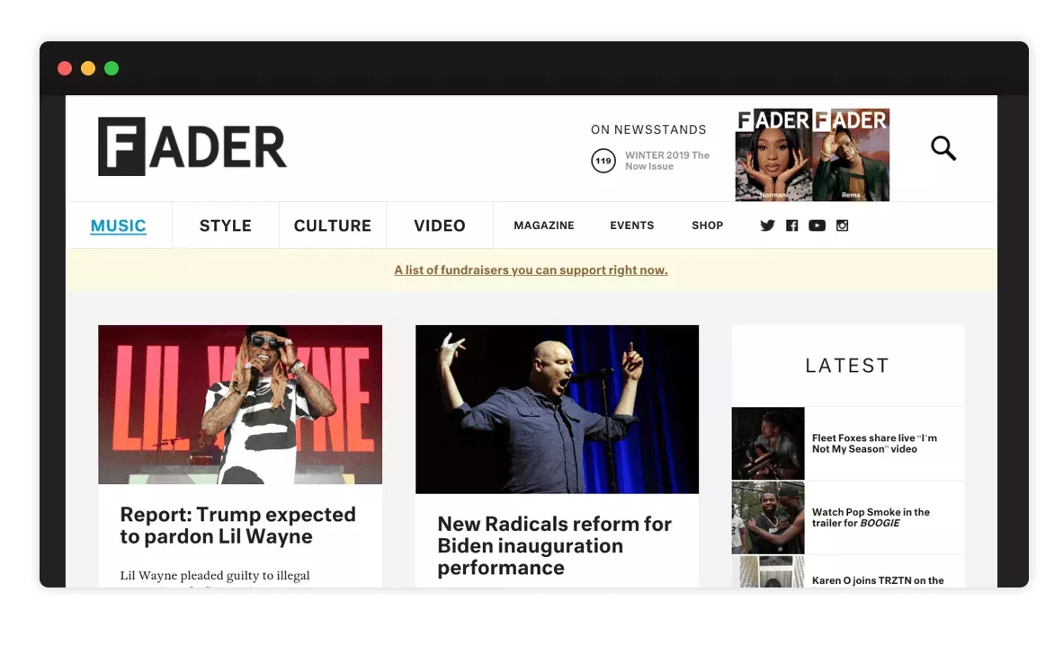 Screenshot of Fader homepage with white and black background