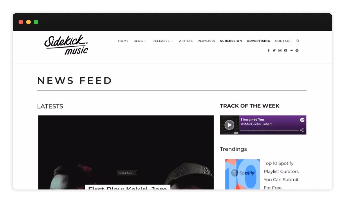 Screenshot of Sidekick Music homepage with white and black background