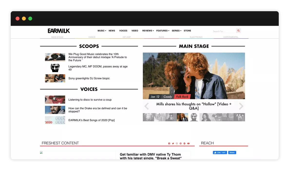 Screenshot of Earmilk homepage with black and white background