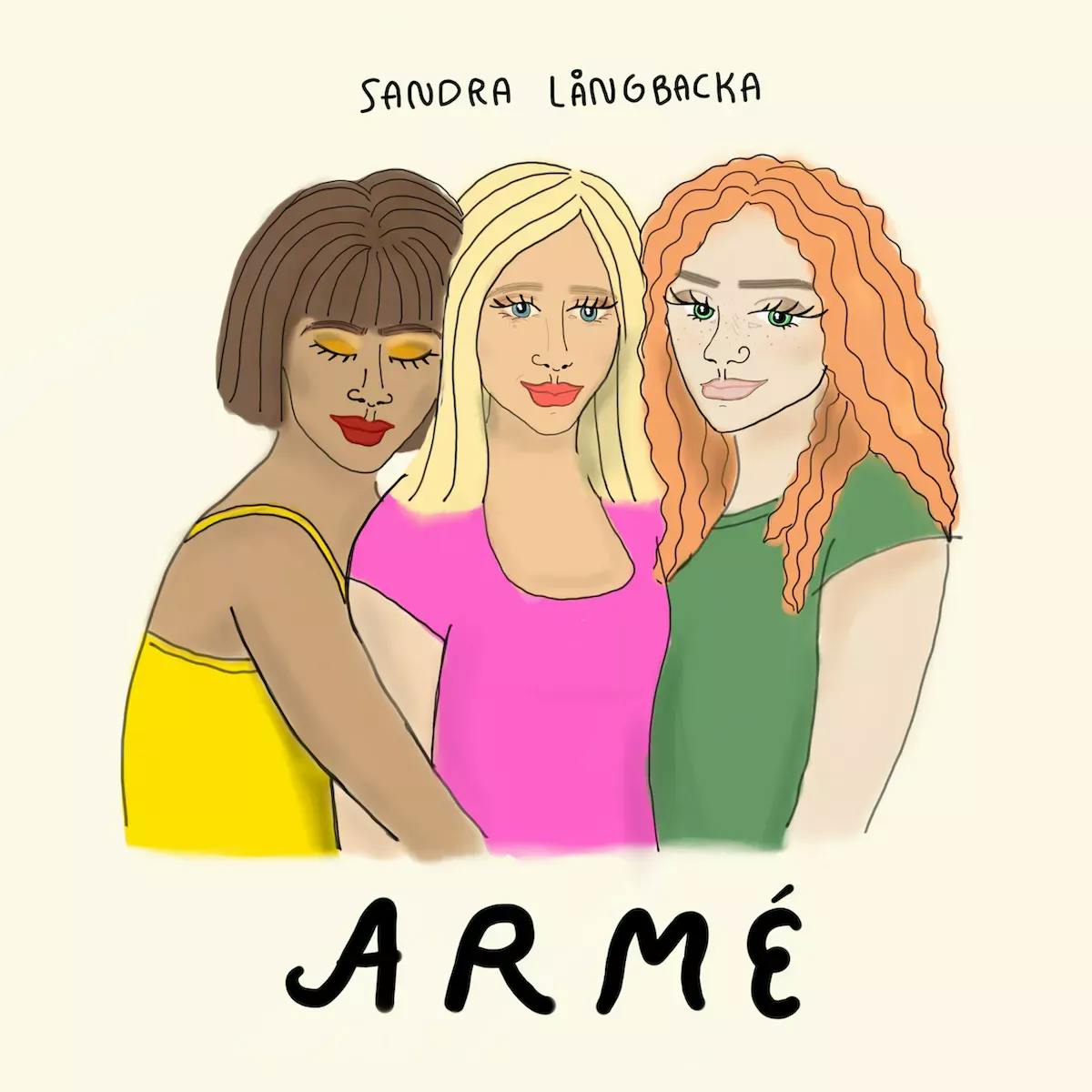 Animation of three girls hugging with text "Armé"