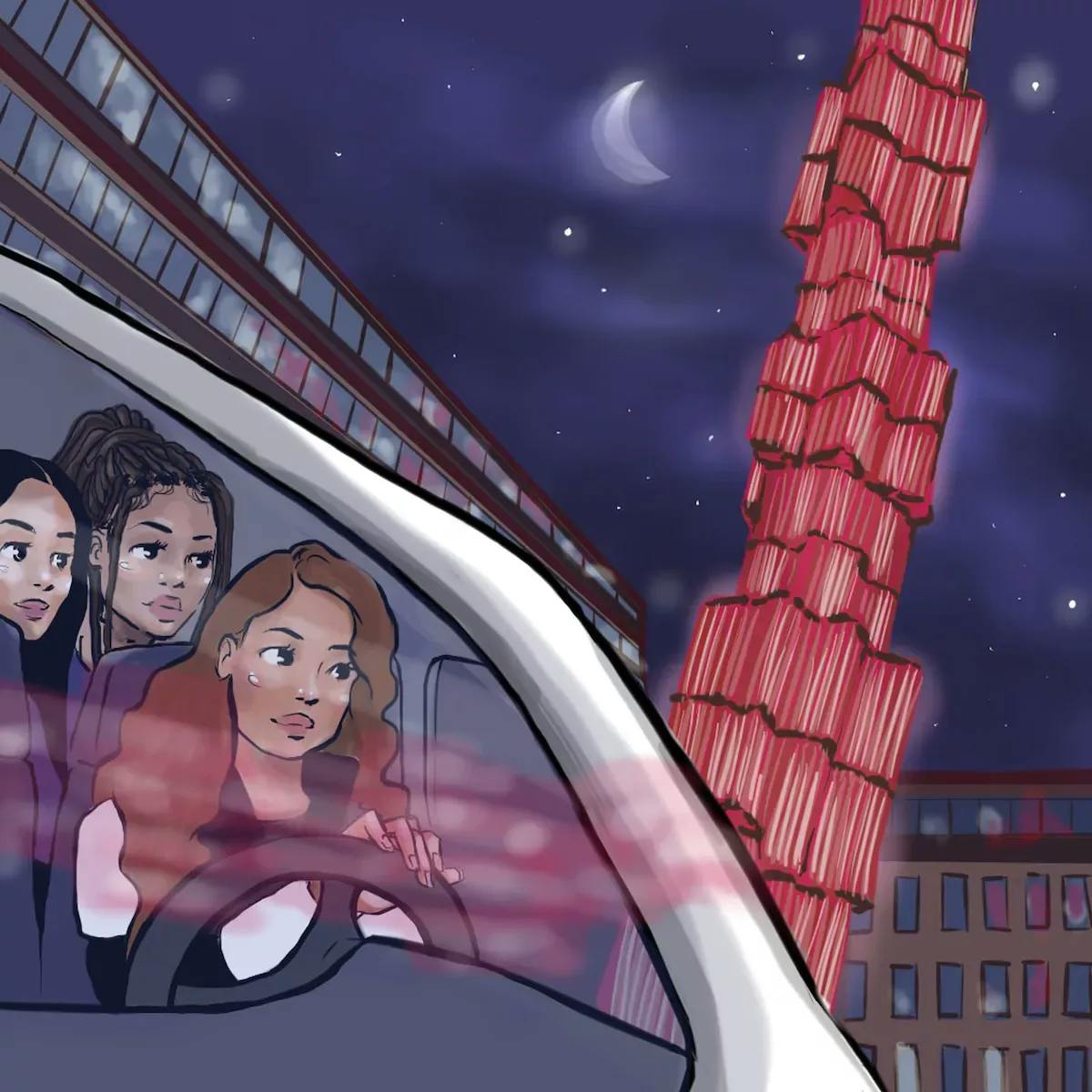 Animation of three girls in a car, driving at night
