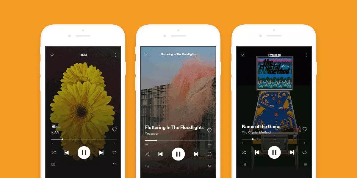 Orange background with three iPhones opened to Spotify song covers