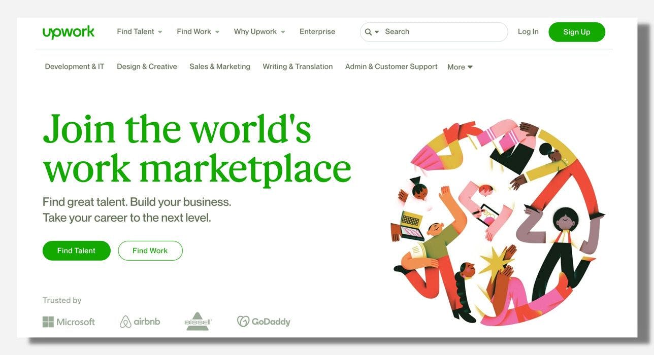 Screenshot of Upwork homepage with white and green background on web