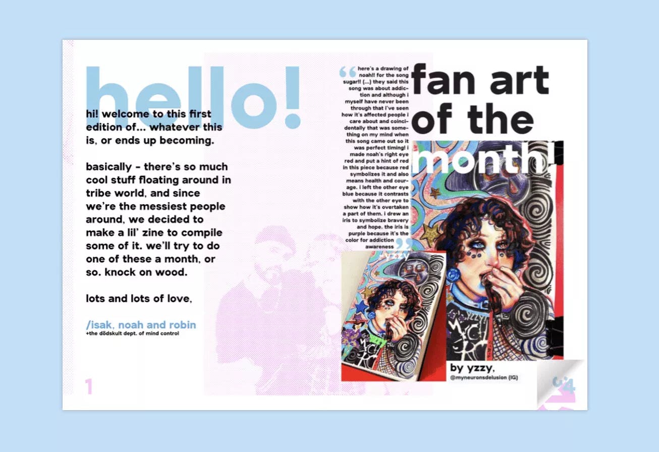 Print out of a Tribal Friday zine showcasing "fan art of the month"