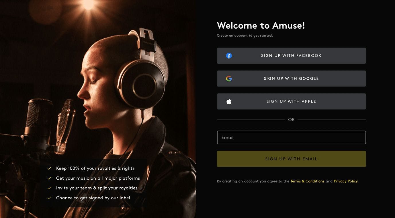 Screenshot of Amuse sign up landing page