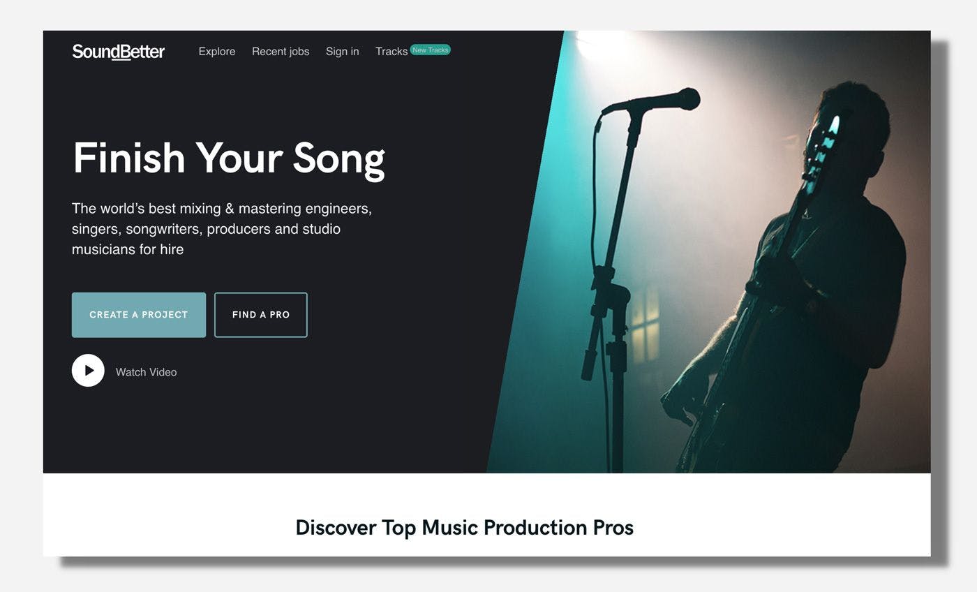 Screenshot of SoundBetter homepage with white, blue, and black background on web