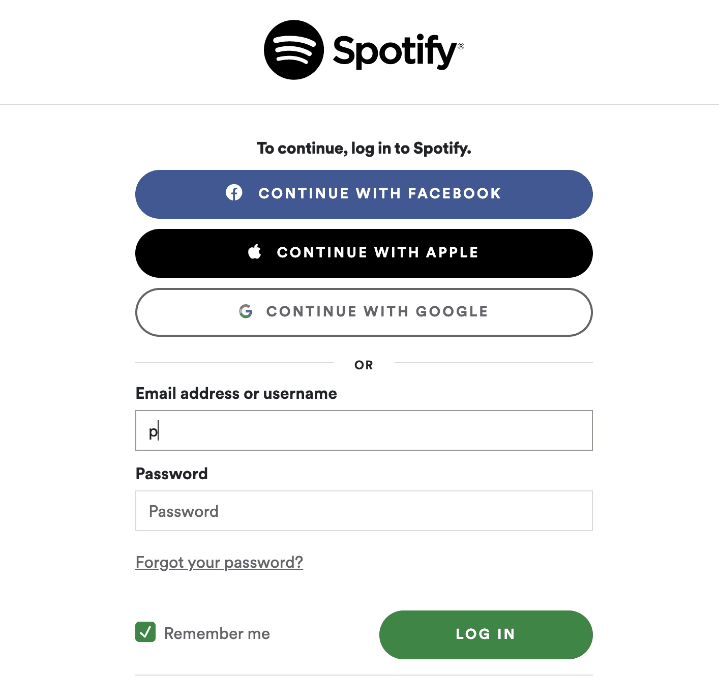 Spotify login on webpage