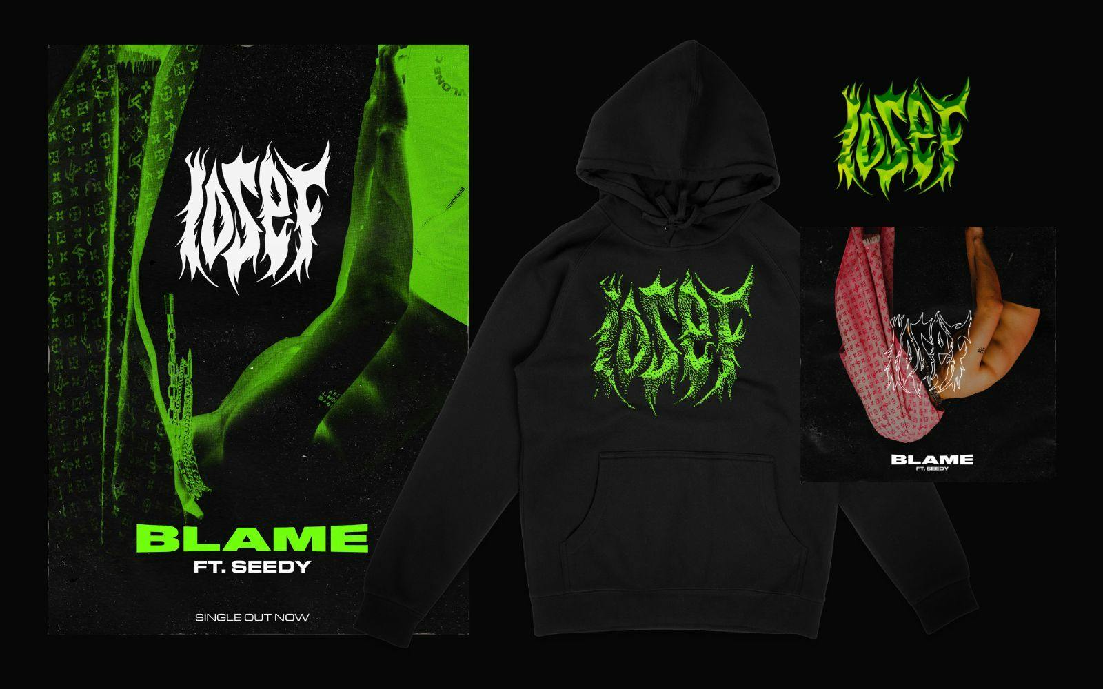 Merch from singer iosef with his name written on a hoodie in green