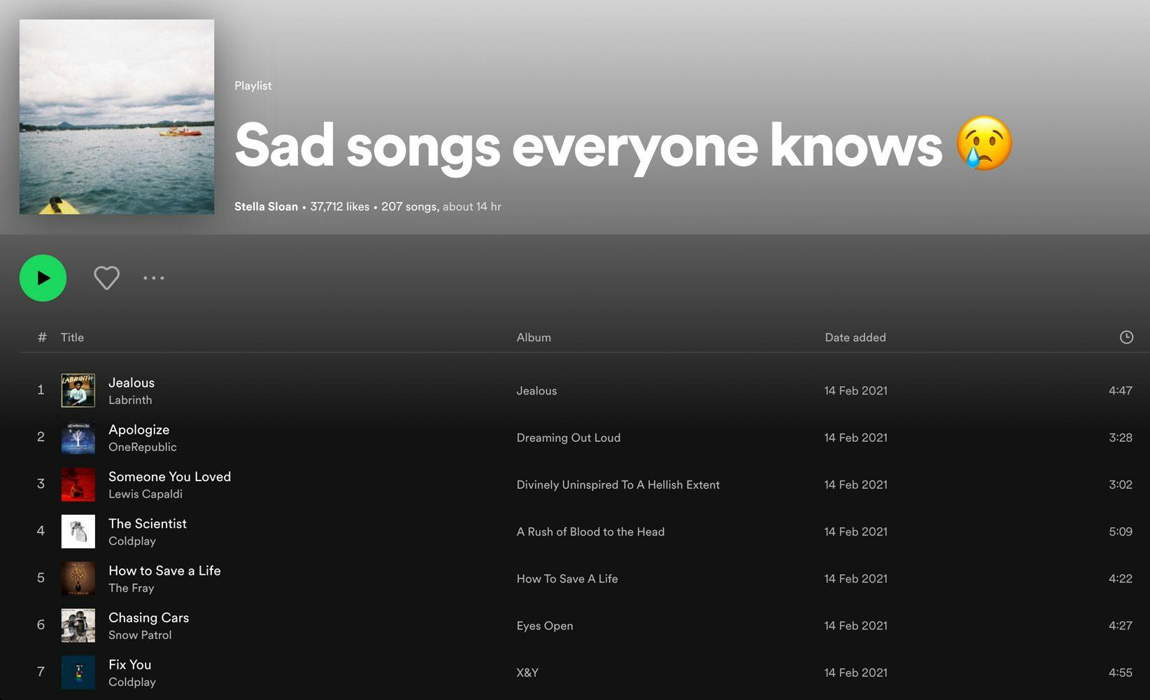Spotify playlist titled "Sad songs everyone knows"