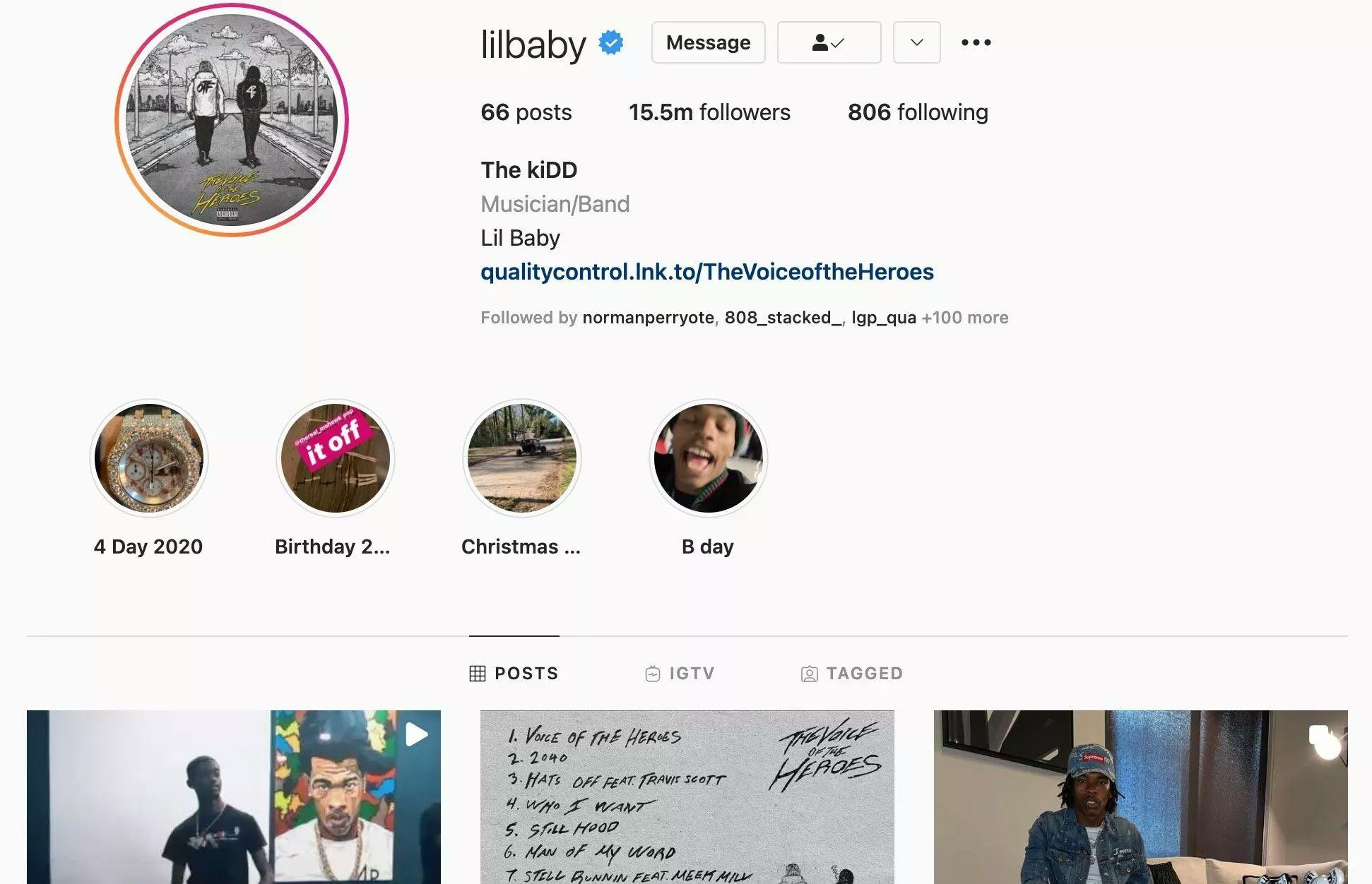 Screenshot of rapper Lilbaby's Instagram page