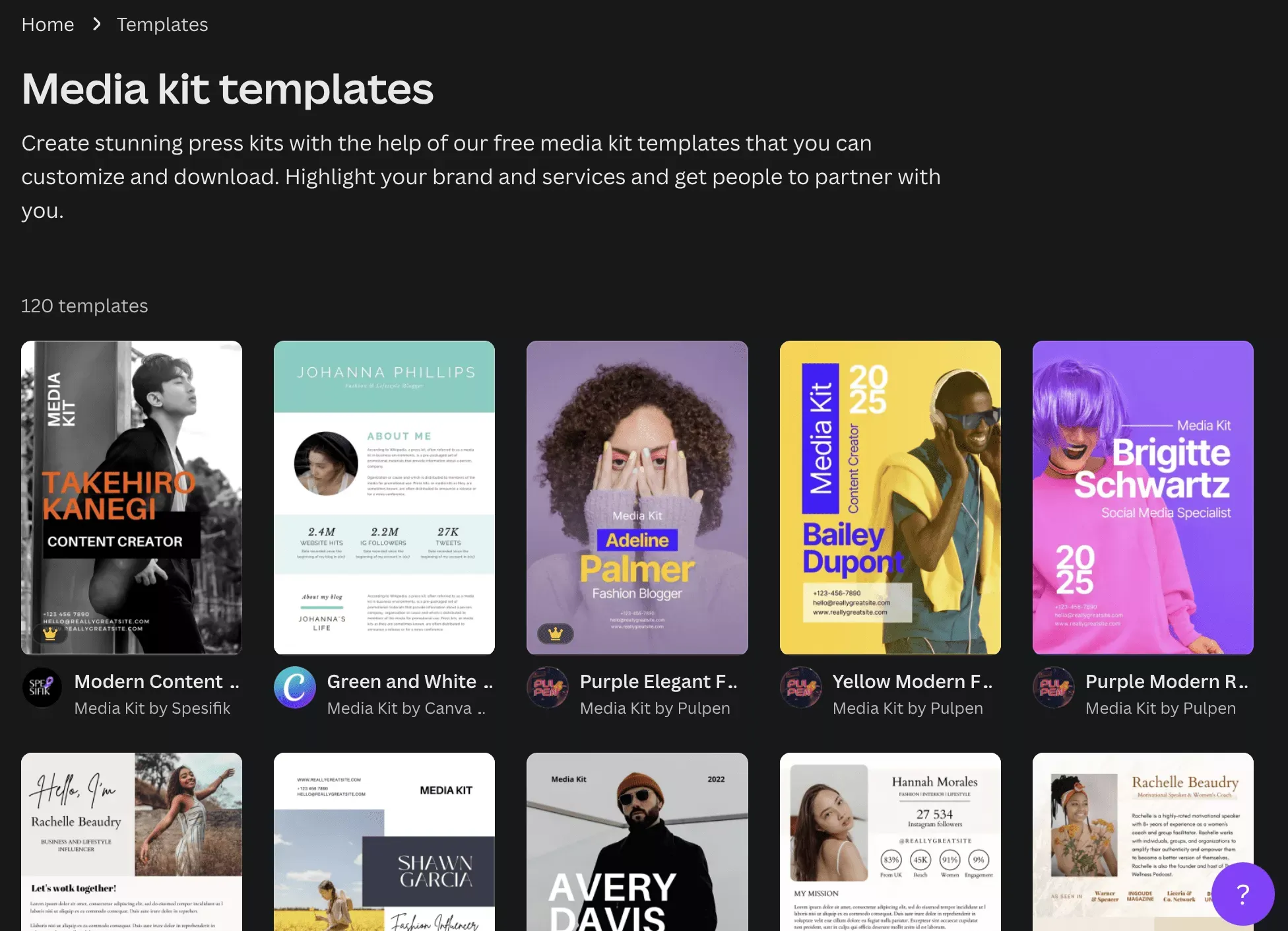 Screenshot of media kit templates