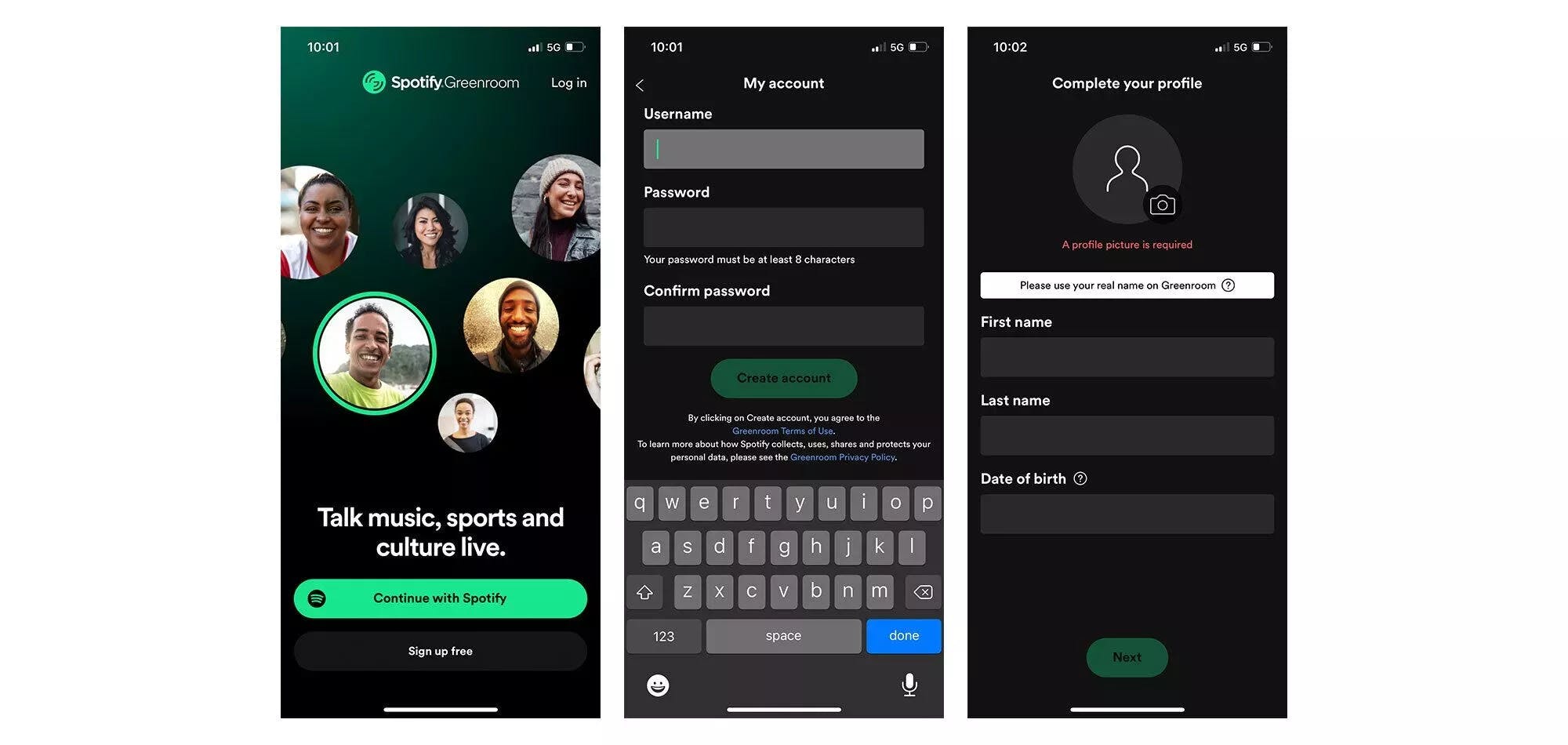 Closeup of Spotify Greenroom login with black and green background and image of 6 people people smiling