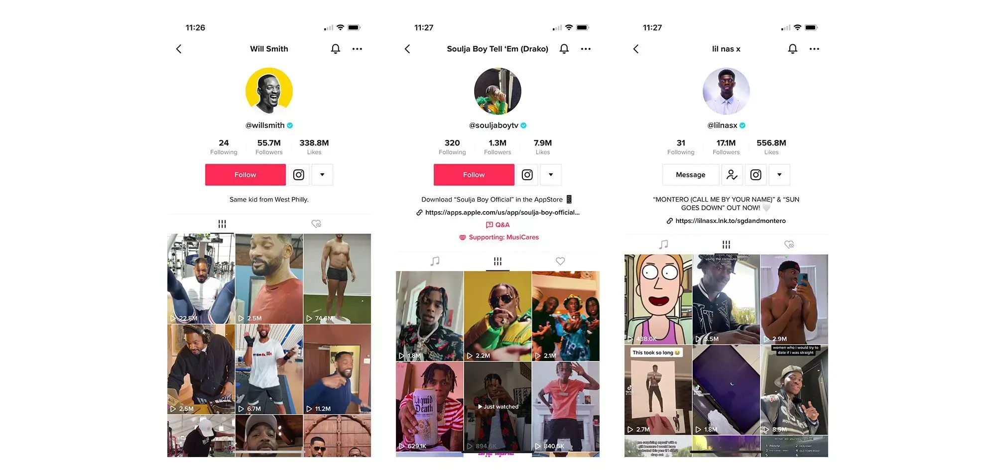 TikTok profiles of Will Smith, Soulja Boy, and Lil Nas X