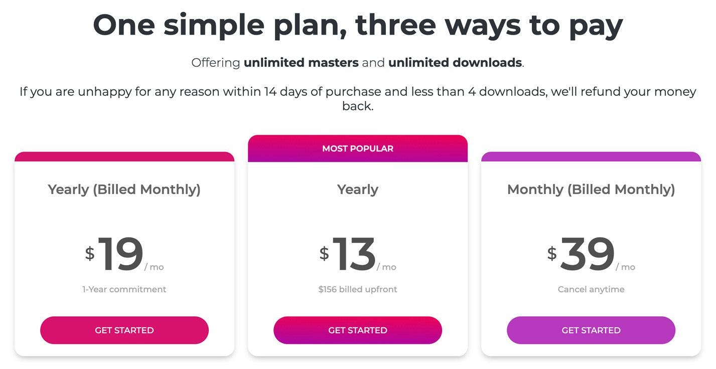 eMastered pricing page on web