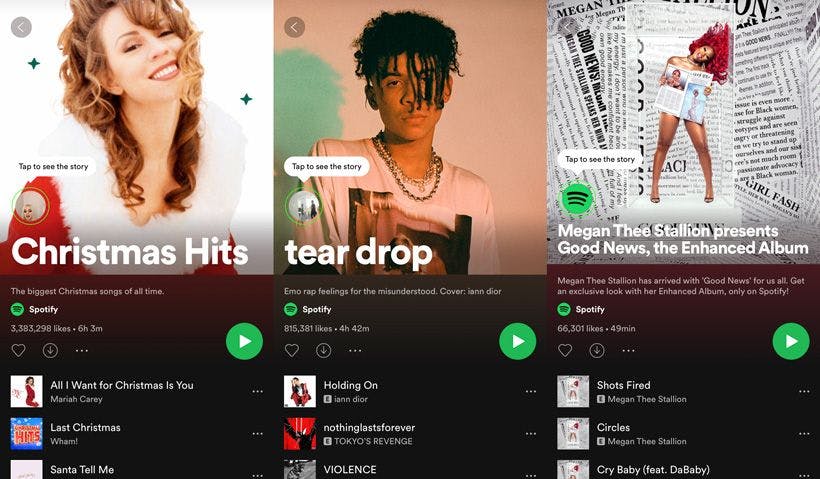 Screenshot of three Spotify playlists: Christmas Hits, tear drop, and the Enhanced Album