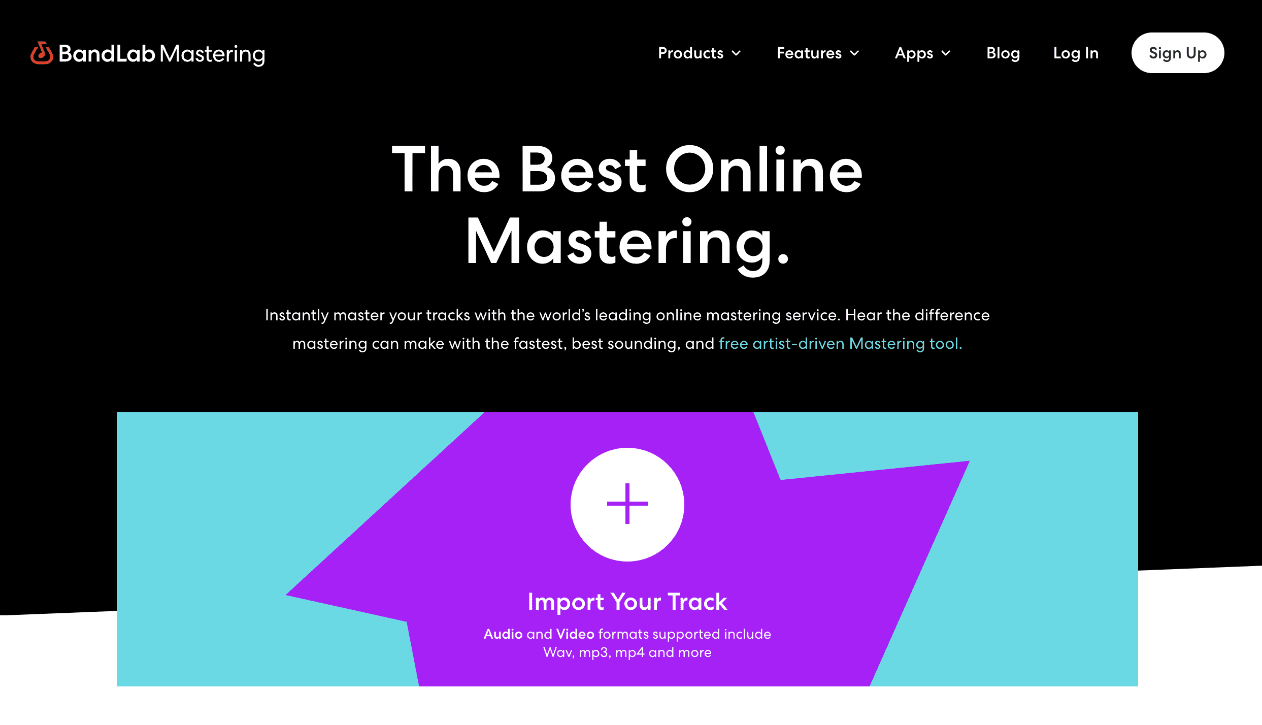 "The Best Online Mastering" on BandLab Mastering homepage with black, purple, blue, and white background