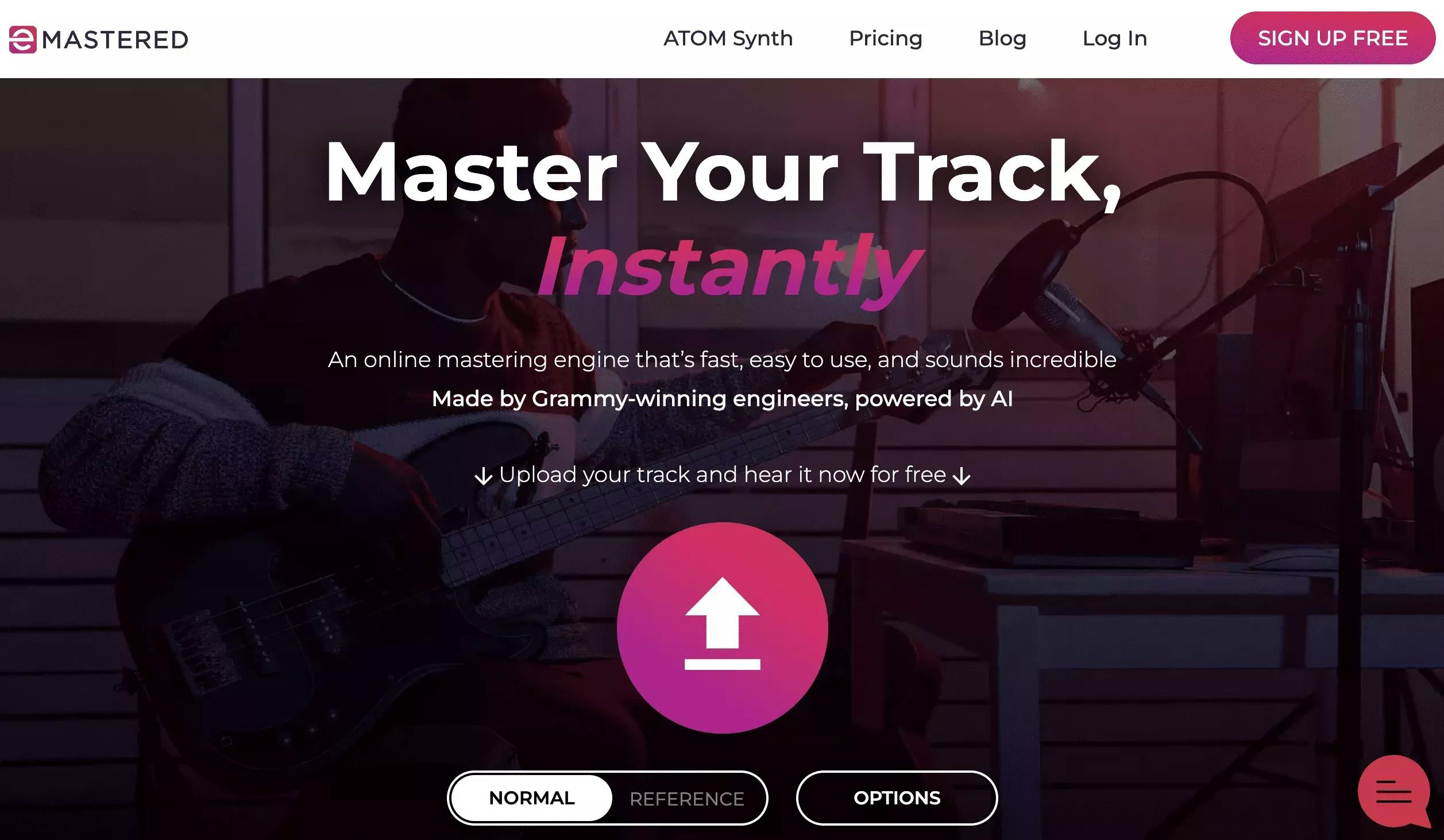 Homepage of eMastered with big text in white and pink that says "Master Your Track, Instantly"
