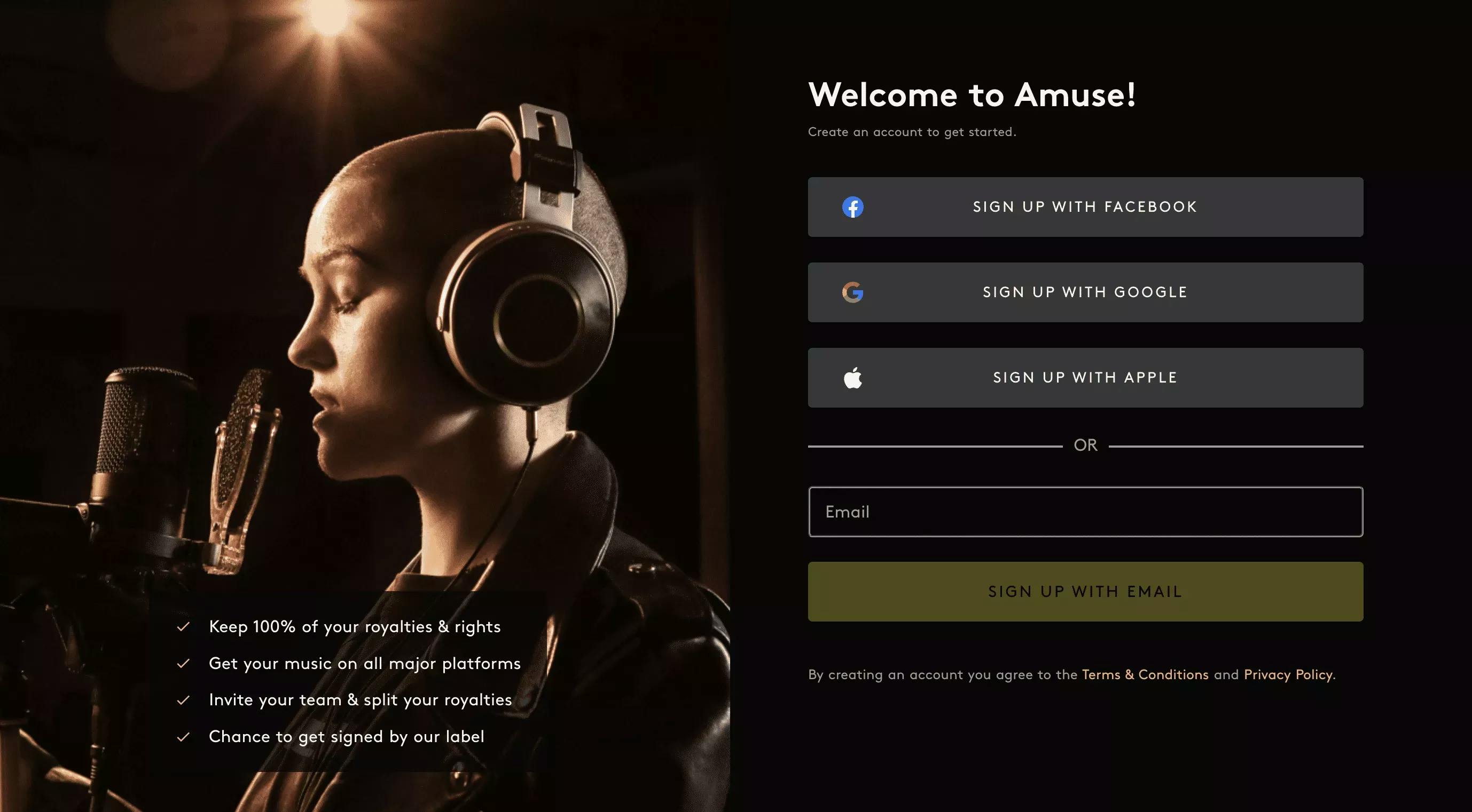 Amuse sign up page