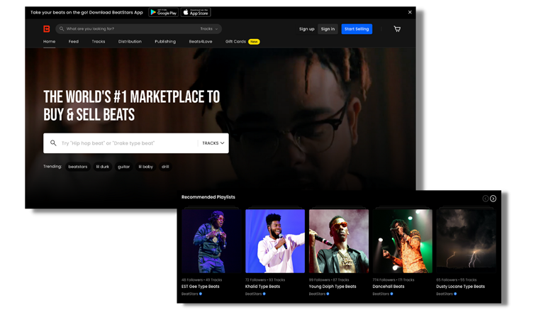 Screenshot of Beatstars homepage with black background on web