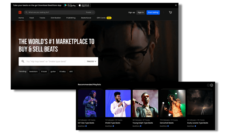 Screenshot of Beatstars homepage with black background on web