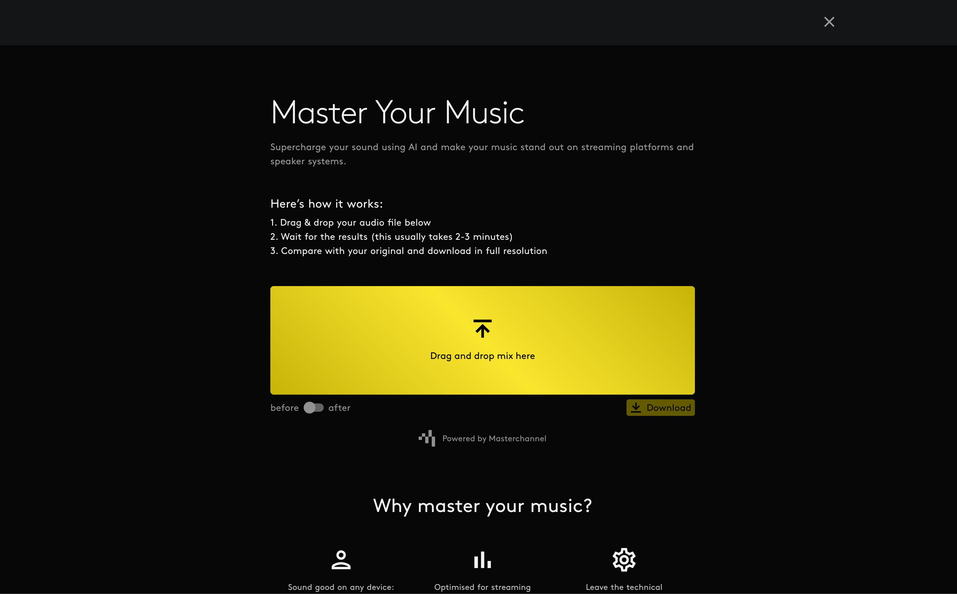 "Master Your Music" landing page on Amuse webpage in black and yellow