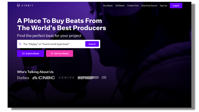 Screenshot of Airbit homepage with purple and black background on web