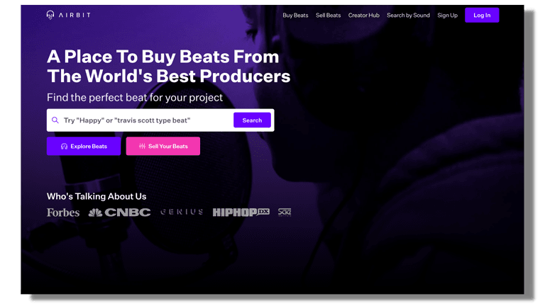 Screenshot of Airbit homepage with purple and black background on web