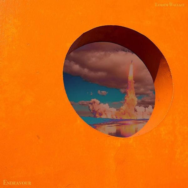 Orange wall with a hole and a rocket launching into the sky through the whole
