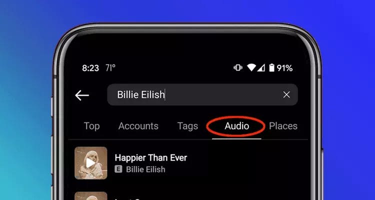 Instagram song tab with name "Billie Eilish" typed in