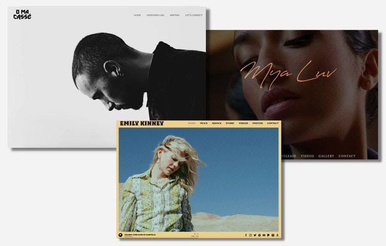 Website examples of musicians Mya Luv, Emily Kinney, and O Ma Casse