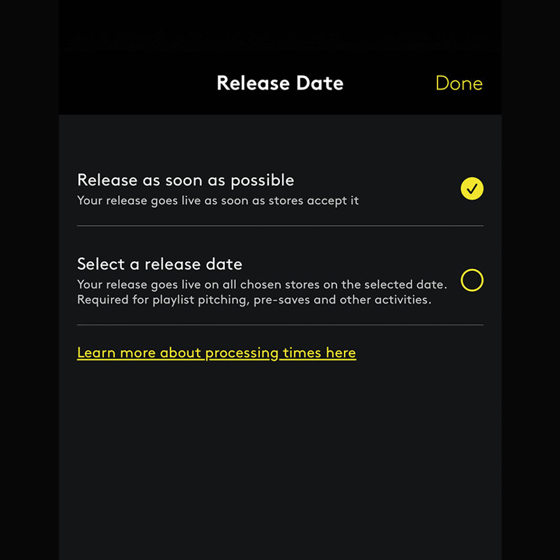 Screenshot from the amuse app showing that you can choose "release as soon as poosible" or select a specific date for your release