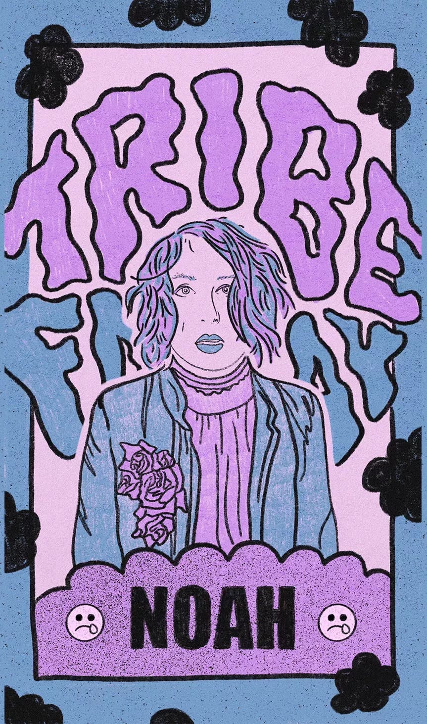 Tribe Friday cover art that says the band's name, the name "Noah", and a blue, pink, purple, and black background