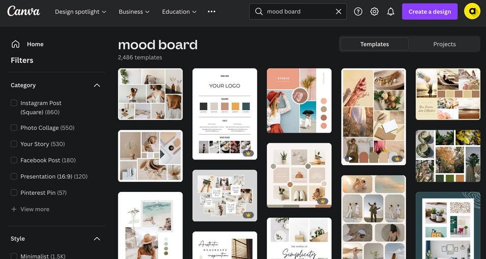 Canva homepage with a mood board display in black and purple